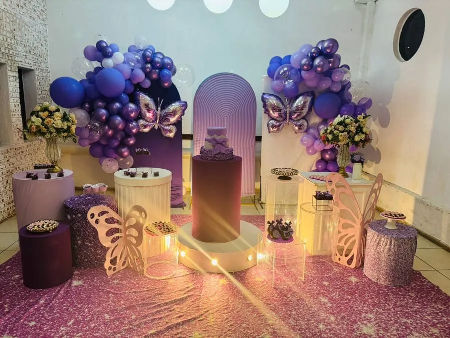 Decoração Jardim Encantado · Borboletas Roxo · Buffet Family