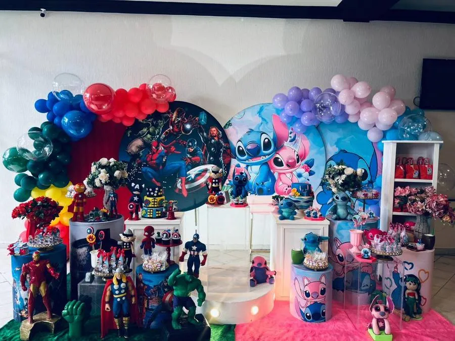 Decoração Stitch · Super-Heróis e Stitch Gêmeos · Buffet Family